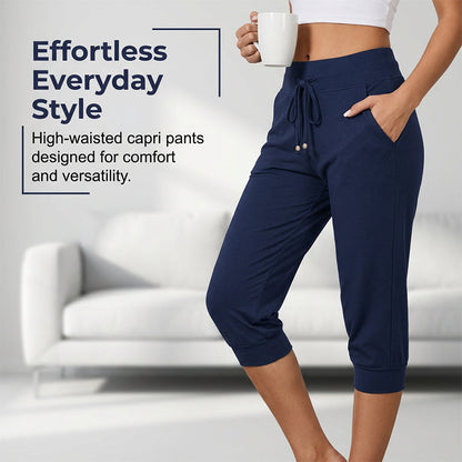 Drawstring Waist Cropped Sweatpants – Soft Polyester, Capri-Length & Side Pockets