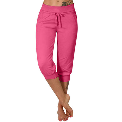 Drawstring Waist Cropped Sweatpants – Soft Polyester, Capri-Length & Side Pockets