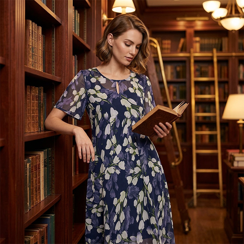 🌸Women's Floral A-Line Party Dress – Double-Layer Chiffon, Elegant Print & Knee-Length Fit 👗