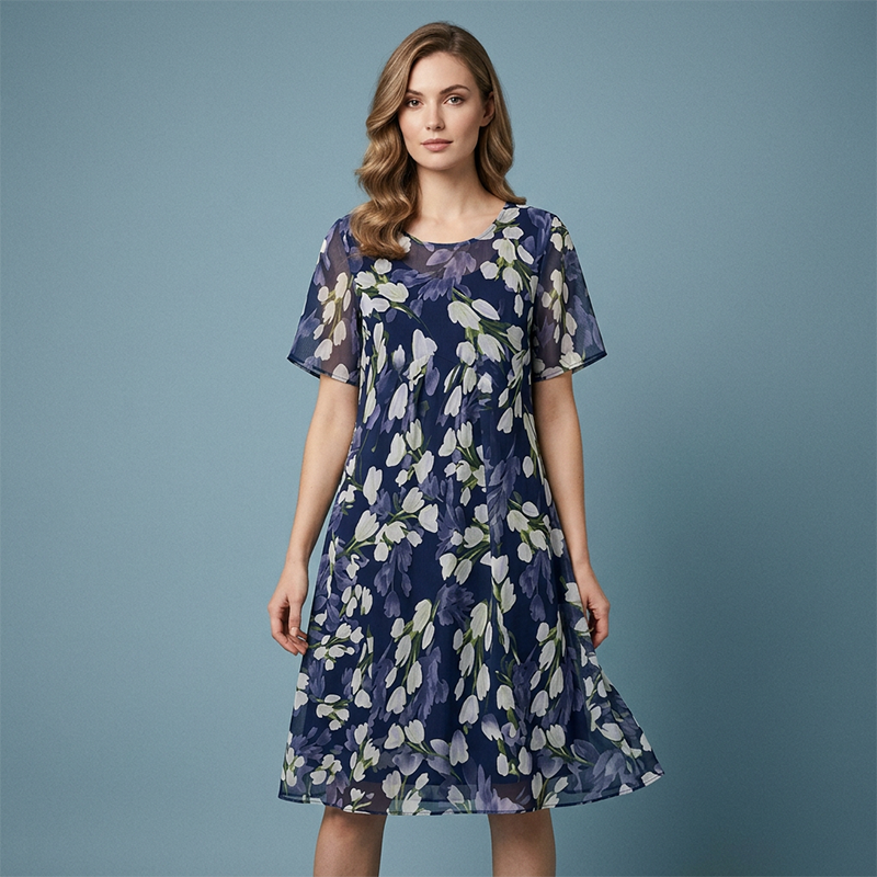 🌸Women's Floral A-Line Party Dress – Double-Layer Chiffon, Elegant Print & Knee-Length Fit 👗