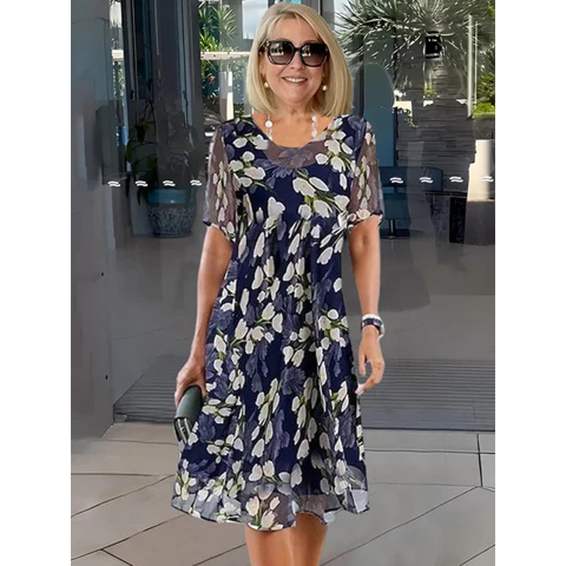 🌸Women's Floral A-Line Party Dress – Double-Layer Chiffon, Elegant Print & Knee-Length Fit 👗