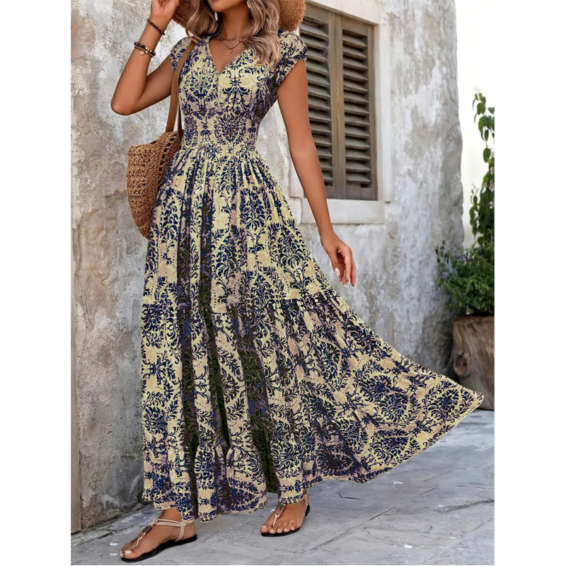 👗 Women's V-Neck Floral Smocked Maxi Dress – Elegant, Bohemian, Lightweight 🦋