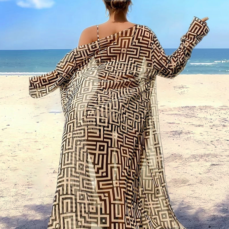 Women's Geometric Print 3-Piece Swimwear Set | High-Waisted Tummy Control Bikini & Sheer Cover-Up | Summer Beach Holiday Outfit