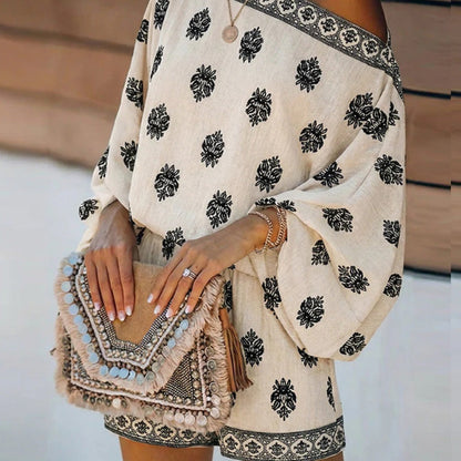 🔥 Bohemian Off-Shoulder Printed Jumpsuit Set