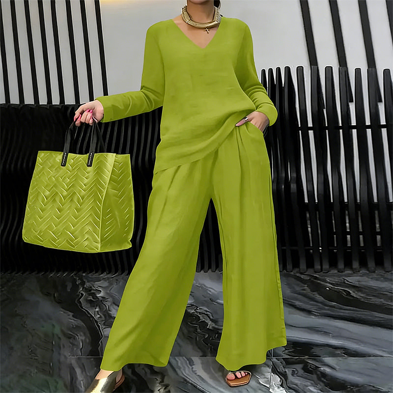 ✨ NEW! Women's V-Neck Lounge Set with Wide-Leg Pants