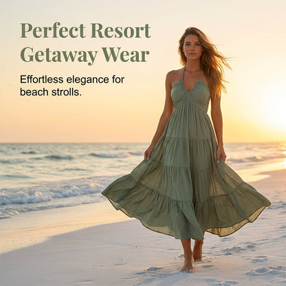 💛Women's Halter Neck Backless Tiered Maxi Dress🌊