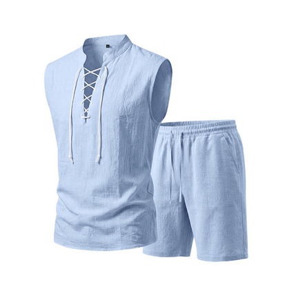 🧵 LIMITED-TIME ✨ Men's Linen Sleeveless Set – Top & Shorts, Lace-Up, 7 Colors ☀️
