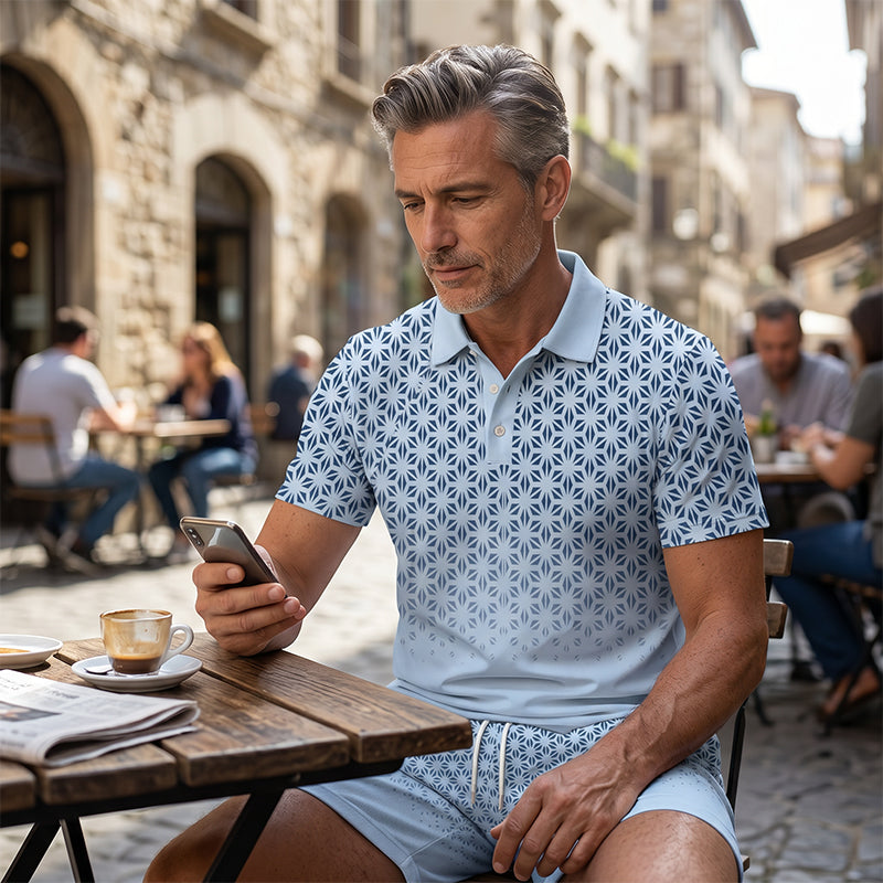 👕 Men's Geometric Print Collared Top & Shorts Set – Modern Pattern & Breathable Coordinated Look 🔷