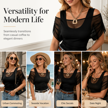 Women Off-Shoulder Mesh Patchwork Top