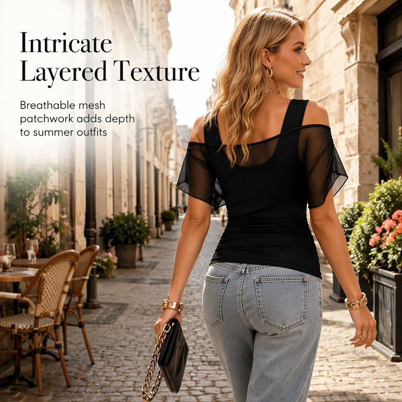 Women Off-Shoulder Mesh Patchwork Top