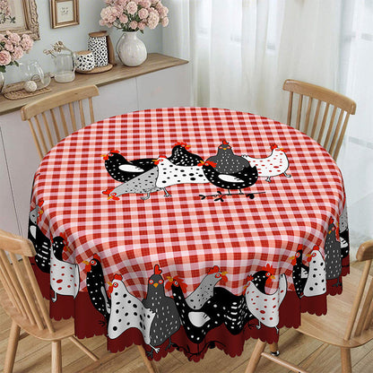 🐓 Farmhouse Rooster Tablecloth – Red Buffalo Plaid Chicken Table Cover, Spill Proof & Scalloped Lace Edge ✨