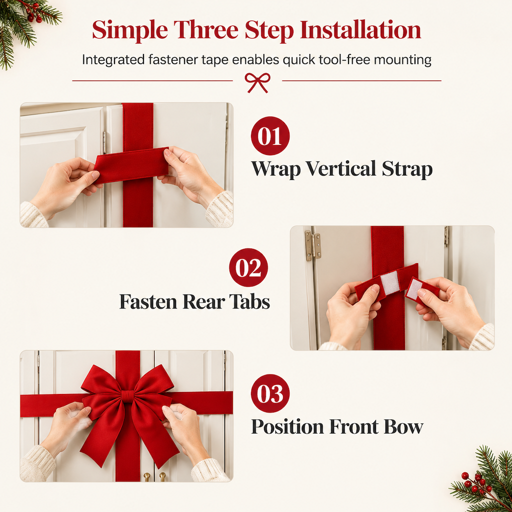 Christmas Red Bow Decoration for Kitchen Cabinet Doors and Front Doors with Hook and Loop Fastener